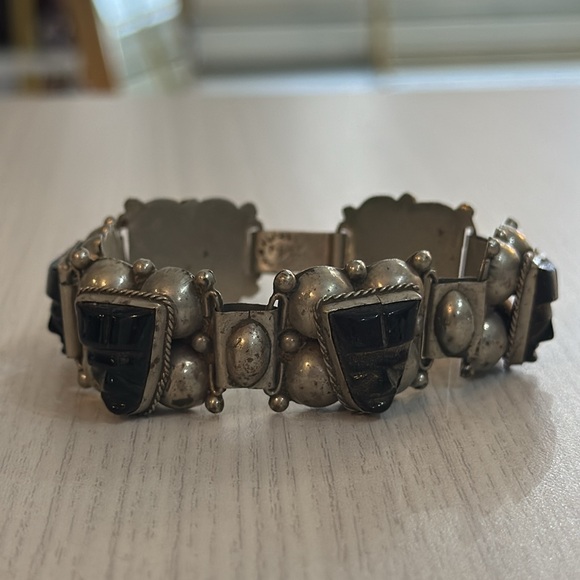 MEXICO 925 Silver  Vintage Face Carved Black Onyx Chain Bracelet - Picture 3 of 9